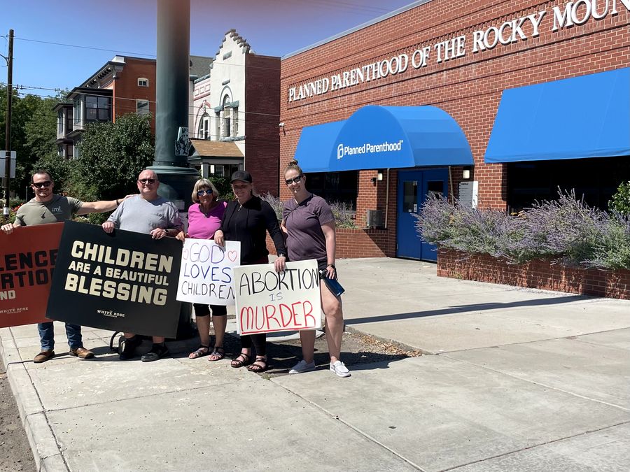 Rebecca Winegar with prayer group outside Planned Parenthood of the Rocky Mountains, September 2024