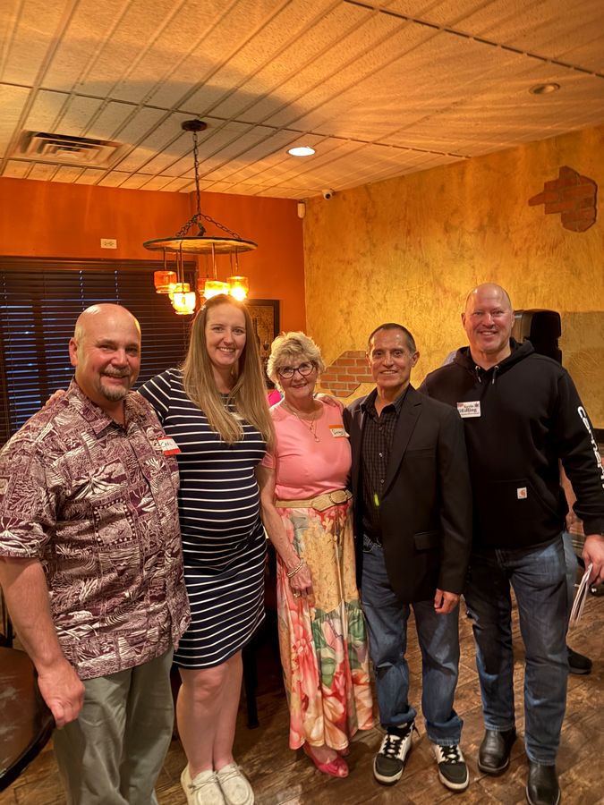 Rebecca Winegar with fellow Republican candidates Carl Schuldies, Sunny Banka, Fred Espinoza, and Kevin Eddling at the Arapahoe County Conservative Meetup Dinner, May 2026